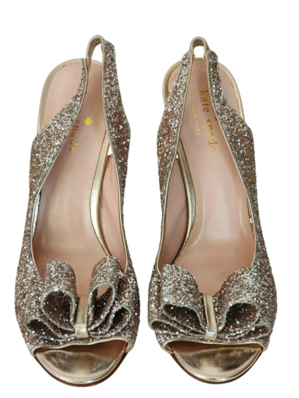 KATE SPADE Charm‎ Gold Glitter Bow Peep Toe Slingback Sandals Wedding Size 6.5
